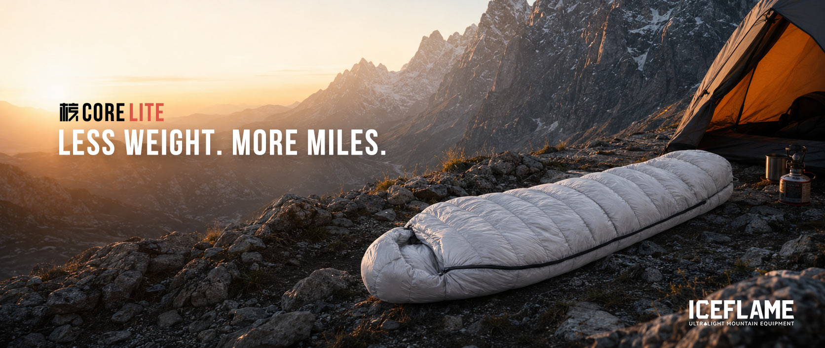 ICEFLAME CORELITE ultralight sleeping bag in an alpine camp